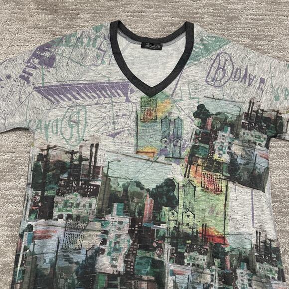 Iroah Dress Womens XS Gray Cityscape Graphic T Shirt Midi Pockets Art Print USA - Picture 2 of 13